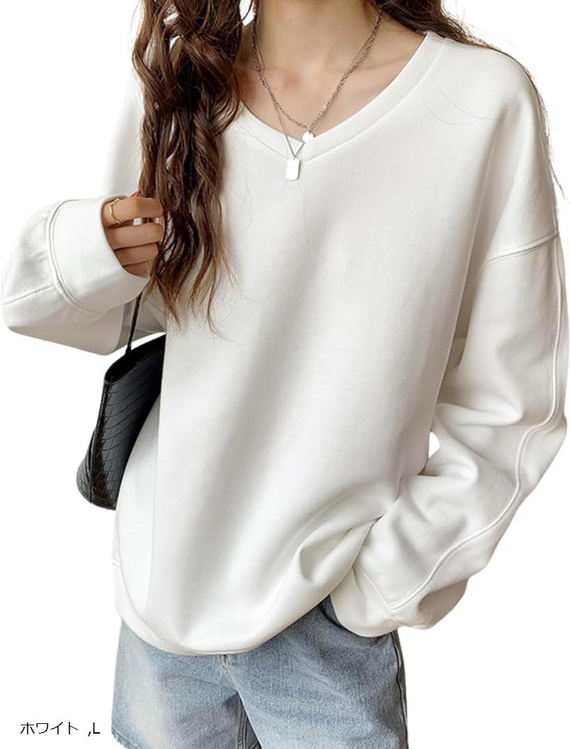 レディース トップス トレーナー シンプルトレーナー パーカー カジュアル スウェット Vネック(ホワイト, L)