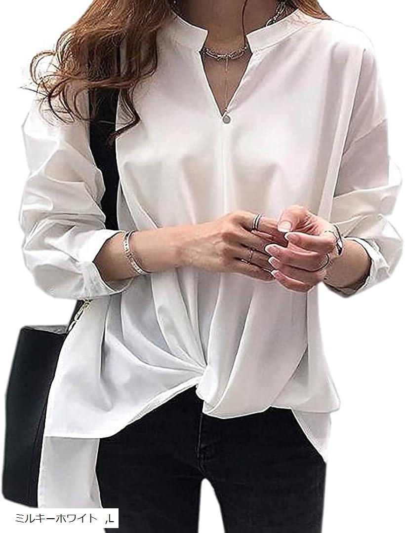 アスペルシオ エレガント シャツ きれいめ 長袖 トップス レディース ブラウス プルオーバー ギャザー 可愛い ロングシャツ とろみ オフィス リボン vネック カットソー バルーン フォーマル 着痩せ (ミルキーホワイト, L)