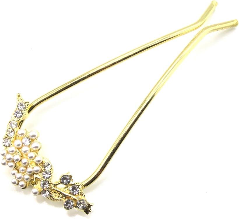 ミャオミャオ 簪 かんざし バチ型 髪飾り 和装 留袖 着物 金属 アンティーク フラワー リボン モチーフ パール U字 コーム ヘアアクセサリー ゴールド(...