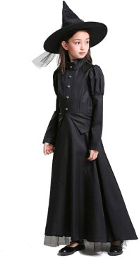 魔女 クラシカル 本格 コスプレ 3点セット ワンピース、帽子、ハートのステッキロングスカート ブラック ドレス 黒魔女 ハロウィン 魔法使い ウィッチ キッズコスチューム 女の子 S756 XL(ブラック, XL(150cm))