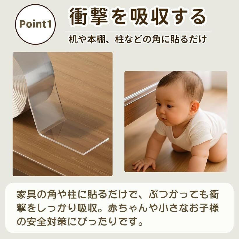 【楽天ランキング1位入賞】クッションテープ コーナーガード 机 角 カバー 赤ちゃん 透明 家具 保護 エッジガード (クリア, 幅5cmx長さ2m) 3