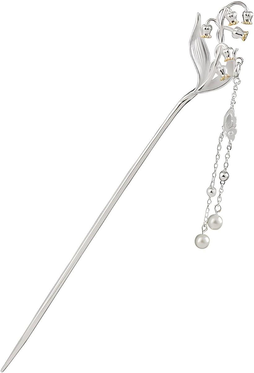 ミャオミャオ 簪 かんざし 一本 和装 留袖 着物 髪飾り 金属 アンティーク フラワー 鈴蘭 すずらん 花 パール シルバー ヘアアクセサリー (シルバー, ...