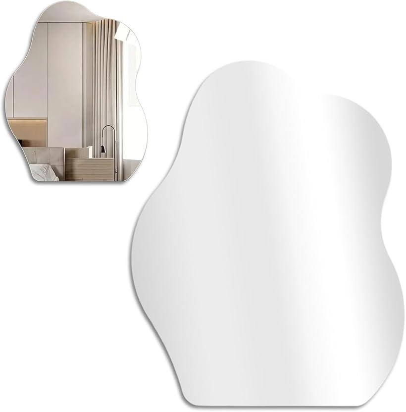 ウェーブミラー ウォールミラー 割れない鏡 壁 インテリア アクリル製 貼る鏡 全身鏡 姿見鏡 壁掛け スタンドミラー 軽量 化粧用 浴室用 安全ミラー (シルバー, 長さ40 x 幅33 cm)