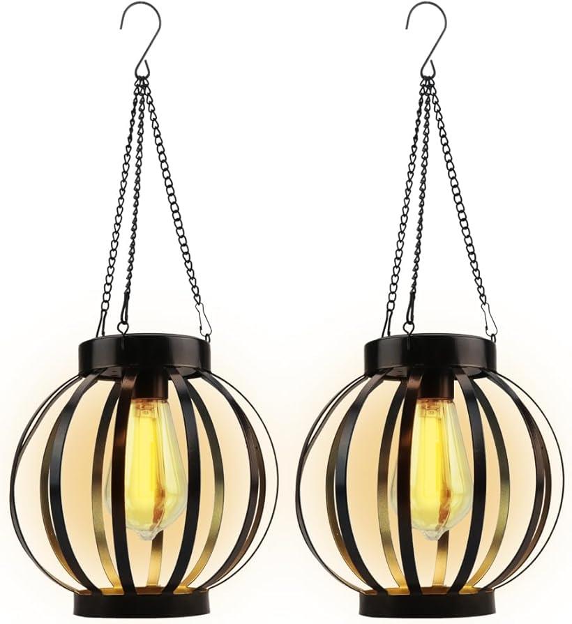 ソーラーライト ランタン 2個 自動点灯 かぼちゃ型 配線不要 防水 鉄製 玄関 ガーデニング (暖色)