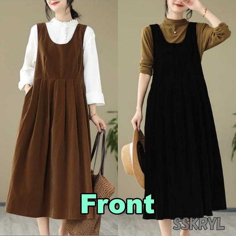 レディース ジャンパー スカート ロング ワンピース フレア Uネック カジュアル ベロア(ブラウン, M)