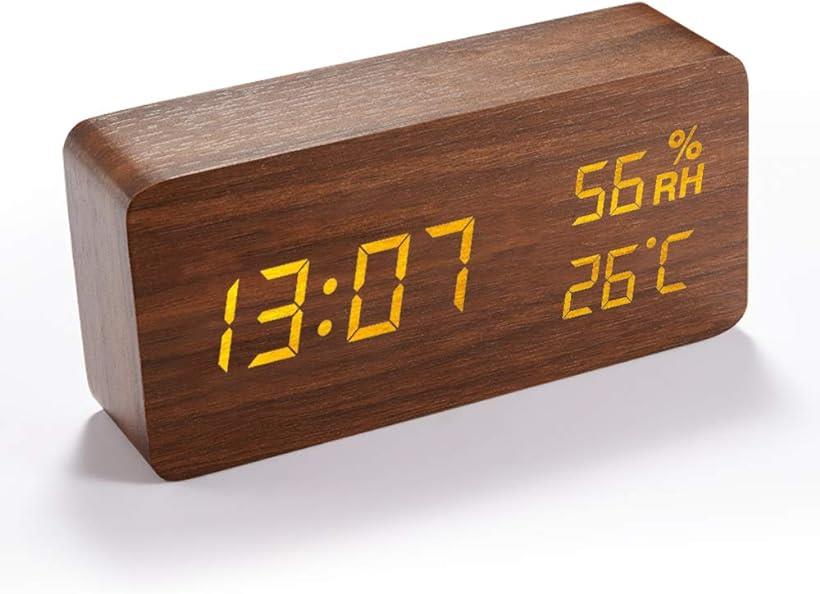 目覚まし時計 木製 大音量 デジタル 置き時計 温度湿度計 (ブラウン)