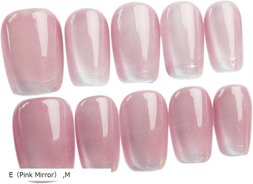 ネイルチップ ショート 手作り 付け爪 収納ケース 10枚入 ミラー ラメ マグネット(E（Pink Mirror）, M)