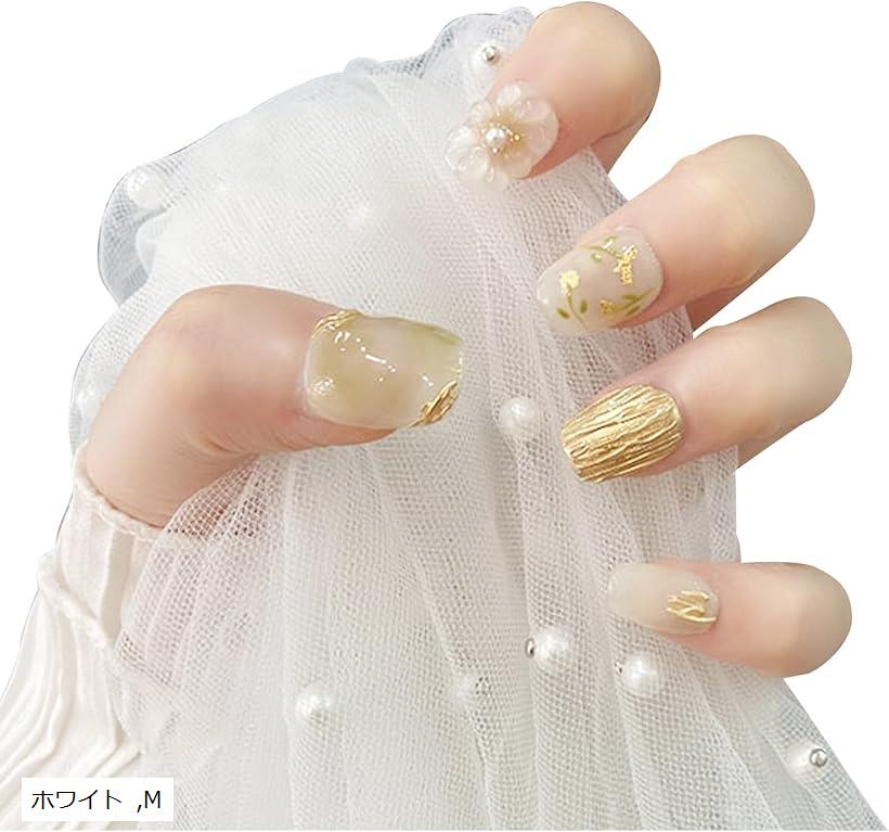 ネイルチップ ショート 手作り 付け爪 3D 収納ケース付き 10枚入(ホワイト, M)