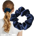 シュシュ シルク100% ヘアゴム 髪にやさしく跡がつかない 母の日 髪ゴム おしゃれ 大人 1個セット(ネイビー, Large (幅5cm))