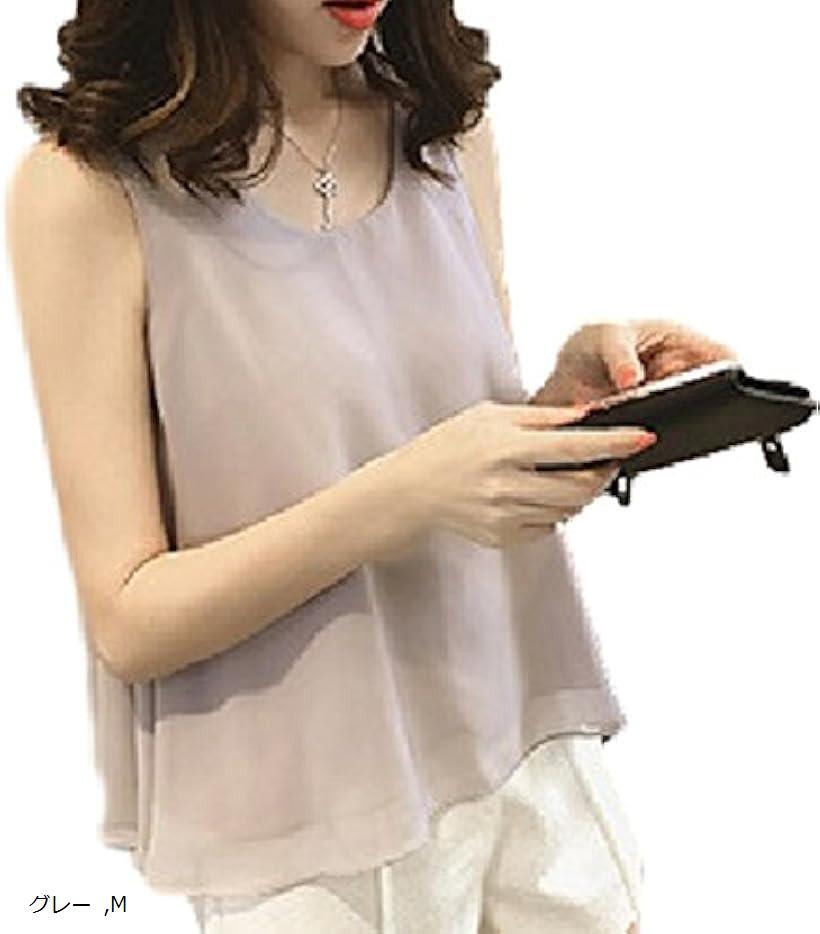 ノースリーブ リボン 付き とろみ 大人 シフォン タンクトップ チュニック ブラウス レディース(グレー..