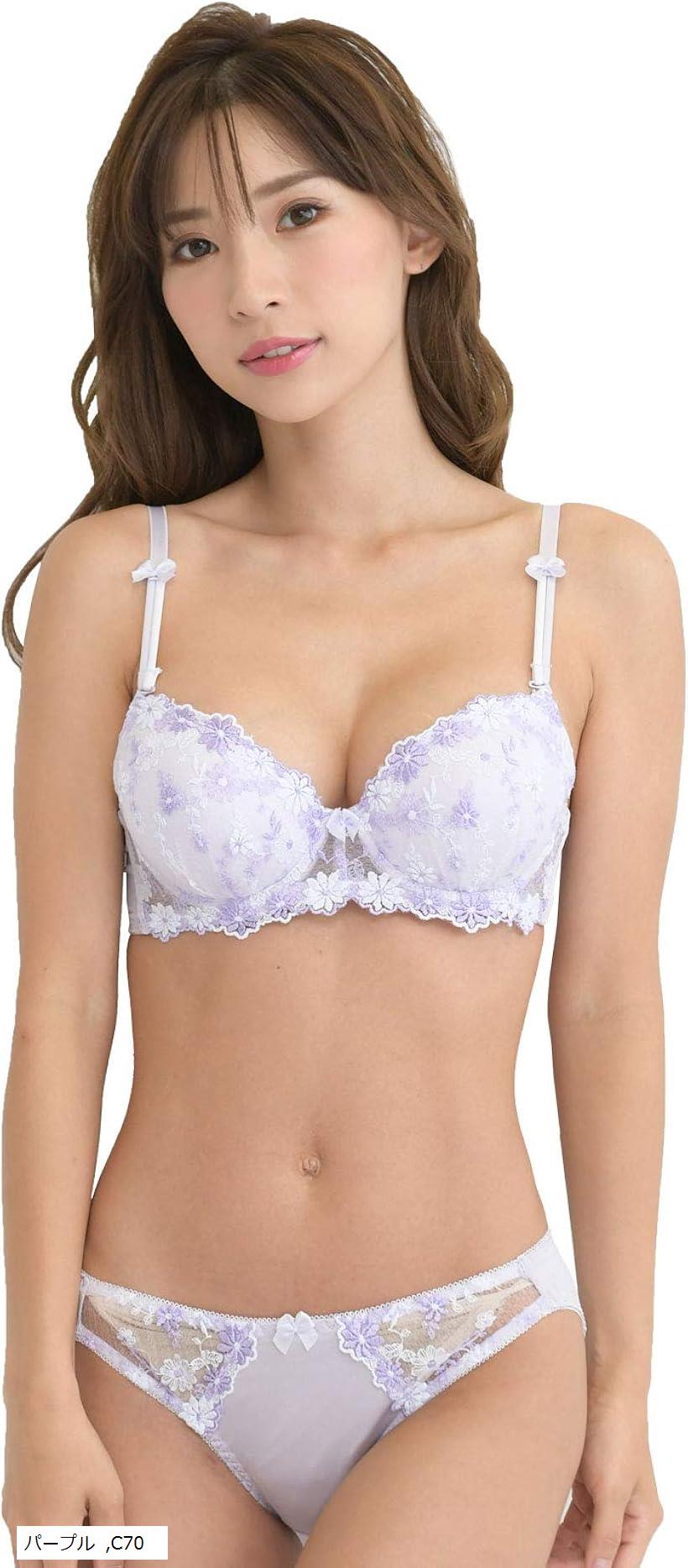 レディース ブラ ブラジャー ショーツ 下着 上 セット 女性 カップ 取り外し(パープル, C70)