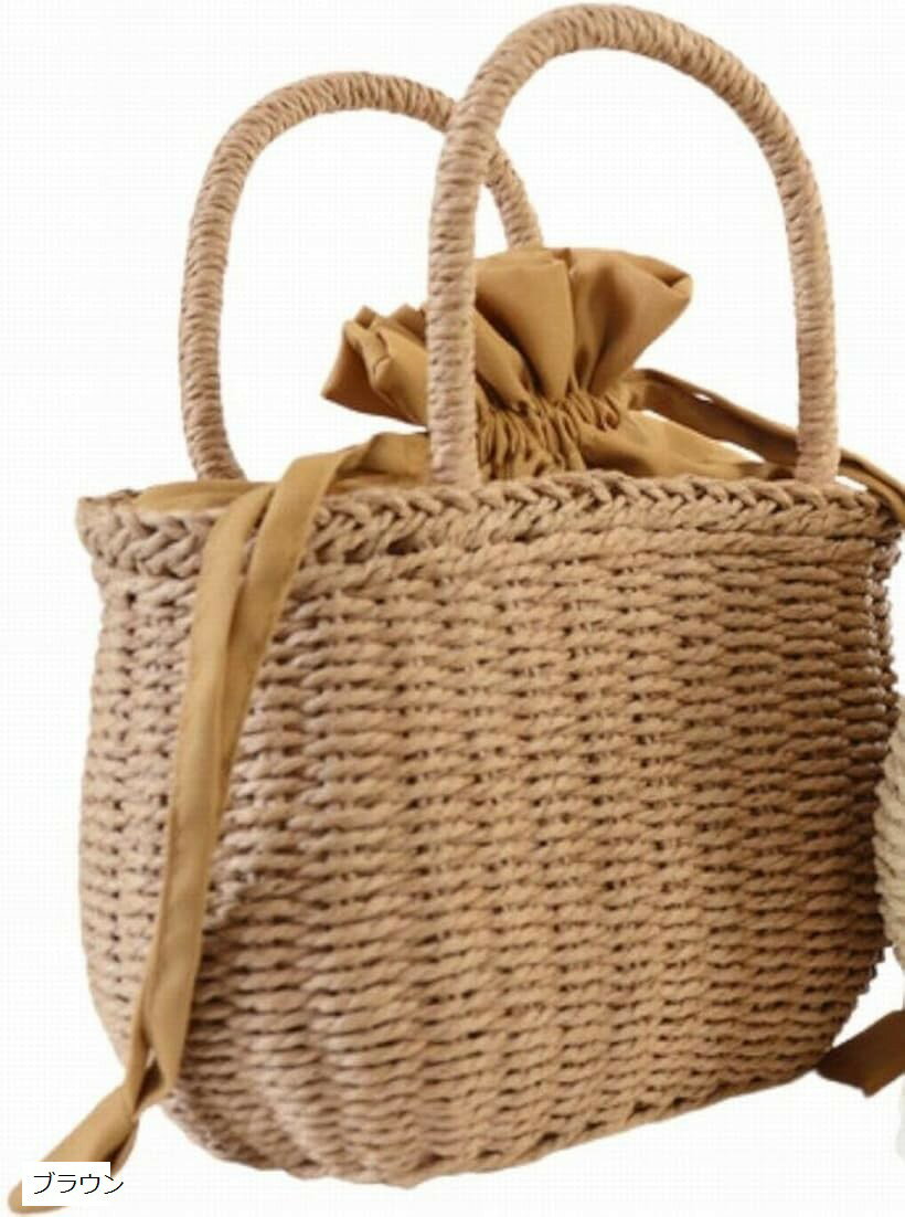 かごバッグ 浴衣バッグ 草編み レディース 巾着 紐引き 手提げ ナチュラル 軽量 女性用 (ブラウン)