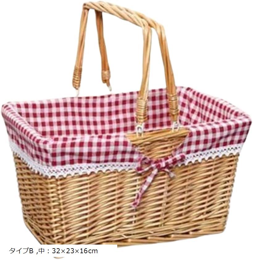 ピクニックバスケット 手編みバスケット 水洗い 籐製 キャリングハンドル付き タイプB 中：32x23x16cm (タイプB, 中：32x23x16cm)