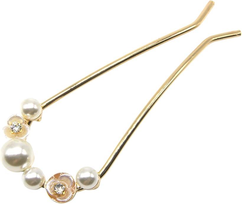 ミャオミャオ 簪 かんざし バチ型 髪飾り 和装 留袖 着物 金属 ダブル フラワー 梅 花 白梅 パール U字 コーム ヘアアクセサリー ゴールド (ゴールド...