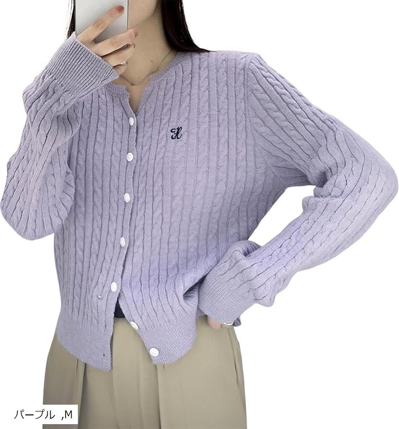 ニューネ キーネック ケーブル ニット カーディガン ベーシック シンプル ワンポイント 秋 冬 畦編み ..