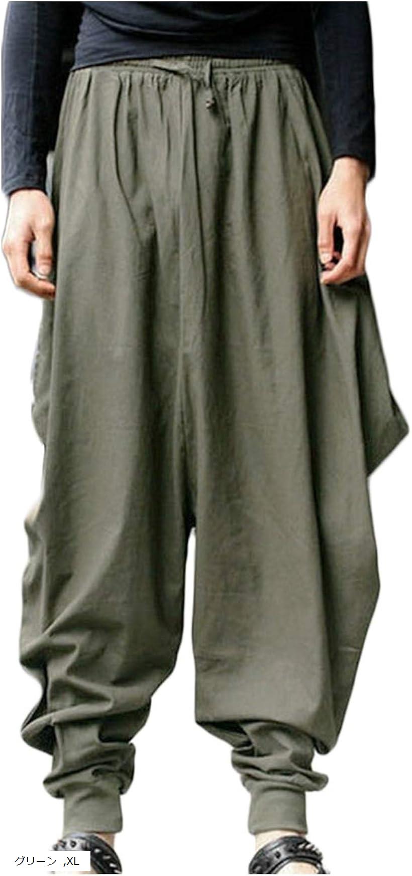 OU89 GN ビッグシルエット ワイドパンツ 綿麻 カジュアル 9分丈 テーパード メンズ(グリーン, XL)