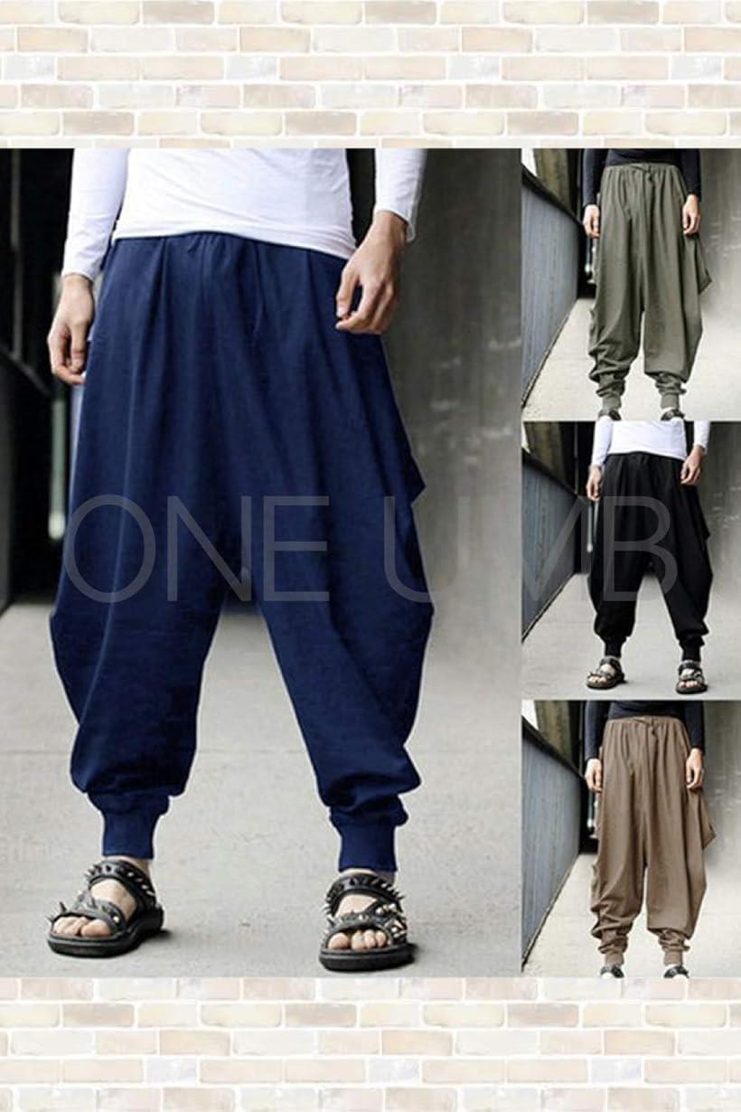 OU89 GN ビッグシルエット ワイドパンツ 綿麻 カジュアル 9分丈 テーパード メンズ(グリーン, XL)