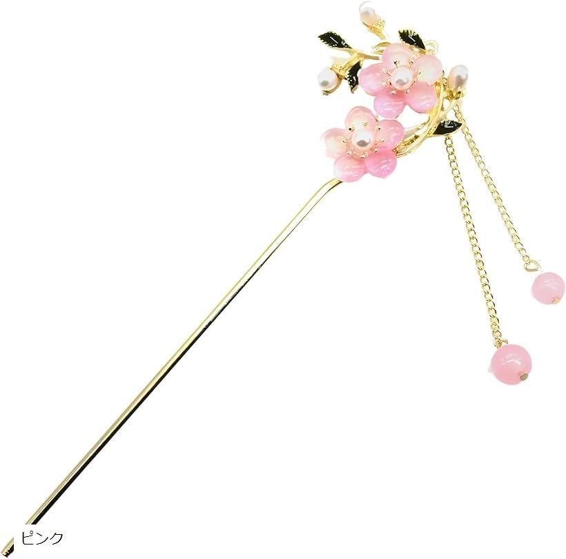 ミャオミャオ 簪 かんざし 髪飾り 和装 着物 留袖 一本挿し シルバー パール クリスタル 水晶 ダブル フラワー 桜 花 モチーフ ヘアアクセサリー (ピン...