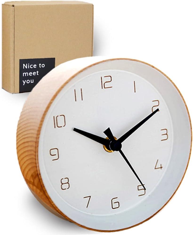 置き時計 木製 静音 おしゃれ アナログ 卓上時計 丸い 電池式 シンプル 無垢 インテリア(ベージュ, 木製12cm 卓上)