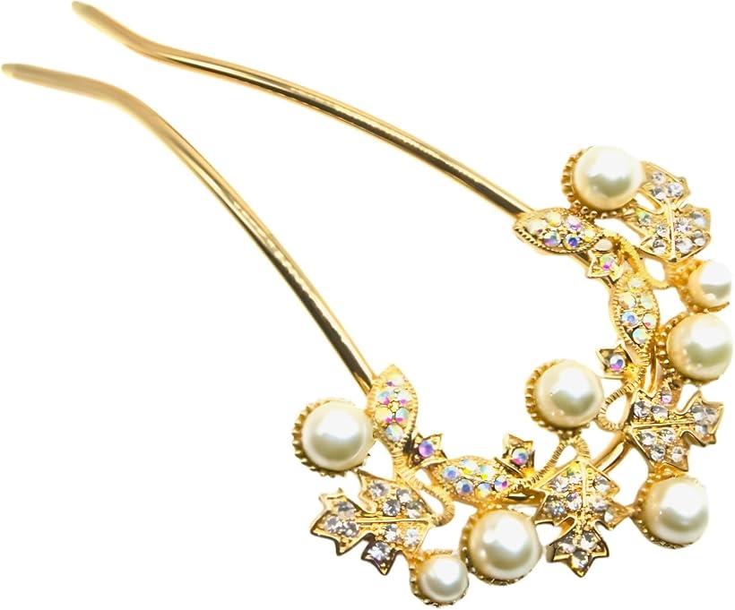 ミャオミャオ 簪 かんざし バチ型 和装 留袖 着物 髪飾り 金属 アンティーク メープル リーフ フラワー 花 パール ジルコニア U字 コーム ヘアアクセサ...