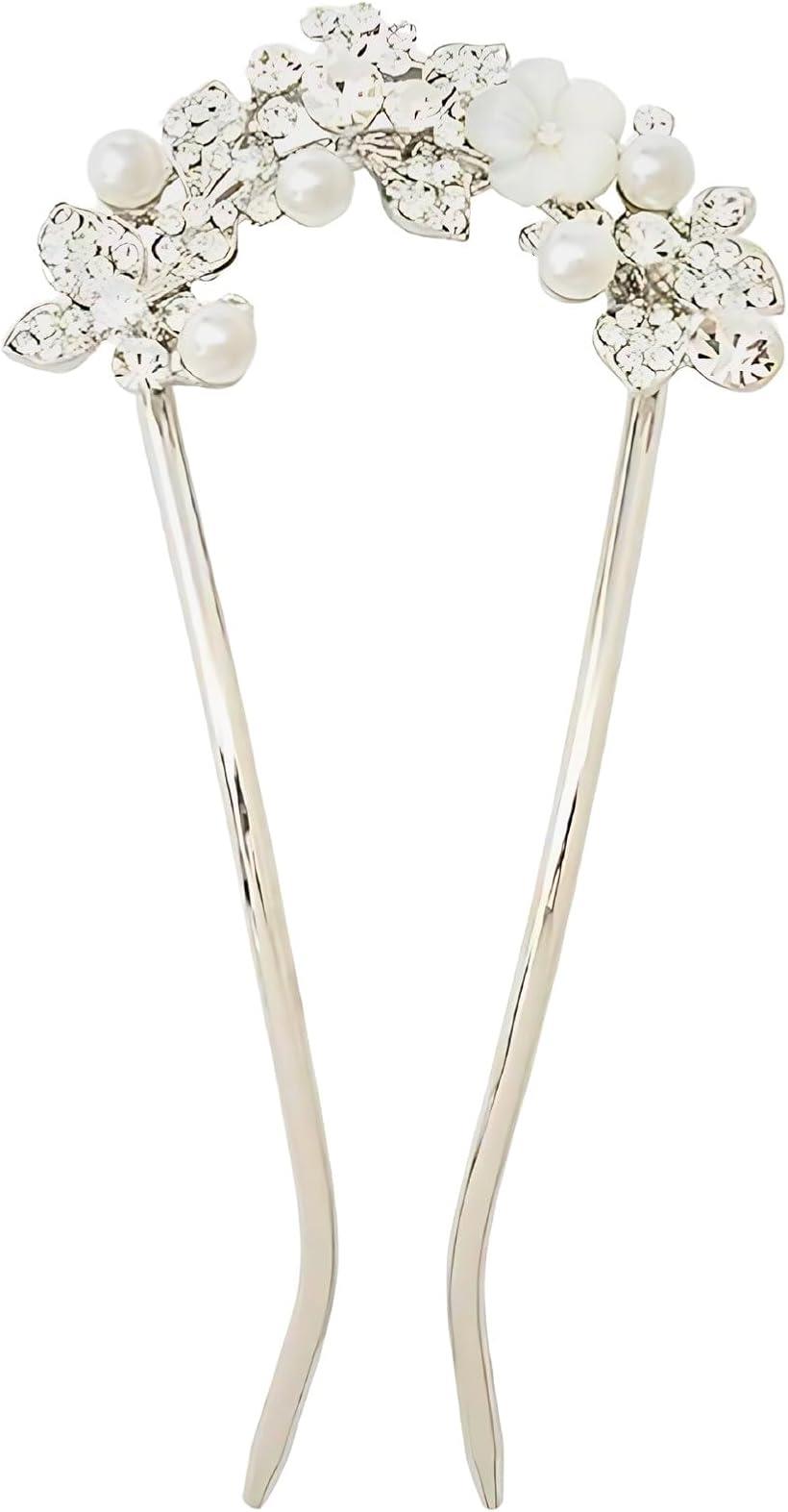ミャオミャオ 簪 かんざし バチ型 和装 留袖 着物 髪飾り 金属 アンティーク フラワー 一輪 花 パール ジルコニア U字 コーム ヘアアクセサリー (シル...