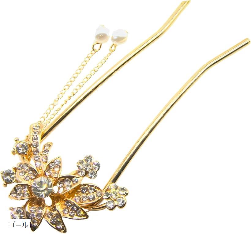 ミャオミャオ 簪 かんざし バチ型 髪飾り 和装 留袖 着物 金属 アンティーク クリスタルフラワー 花 キュービックジルコニア U字 コーム ヘアアクセサリー...
