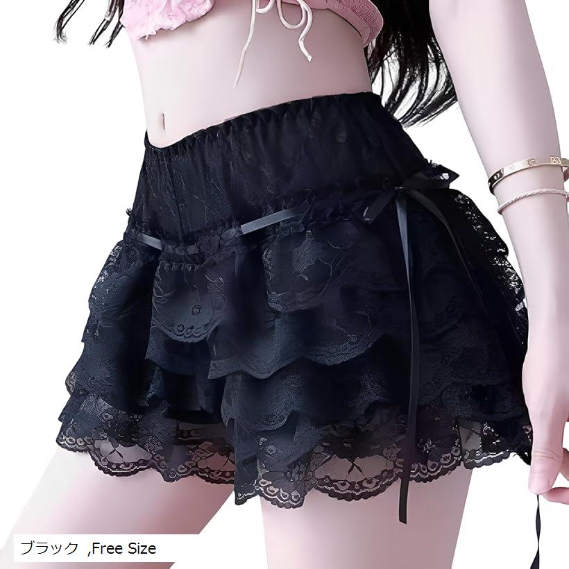レディース ペチパンツ ミニ スカート ショートパンツ タップパンツ ペチコート セクシー 可愛い 部屋着 ルームウェア パジャマ ナイト 透け ブライダル レース ショーツ (ブラック, Free Size)