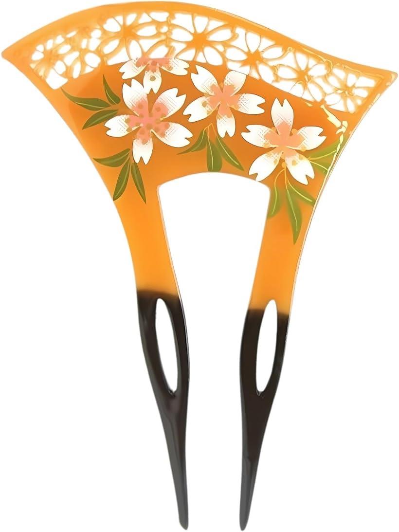 ミャオミャオ 簪 かんざし バチ型 和装 留袖 着物 髪飾り フラワー 桜 花 U字 コーム カラー イエロー ブラック ヘアアクセサリー (Yellow, ワ...