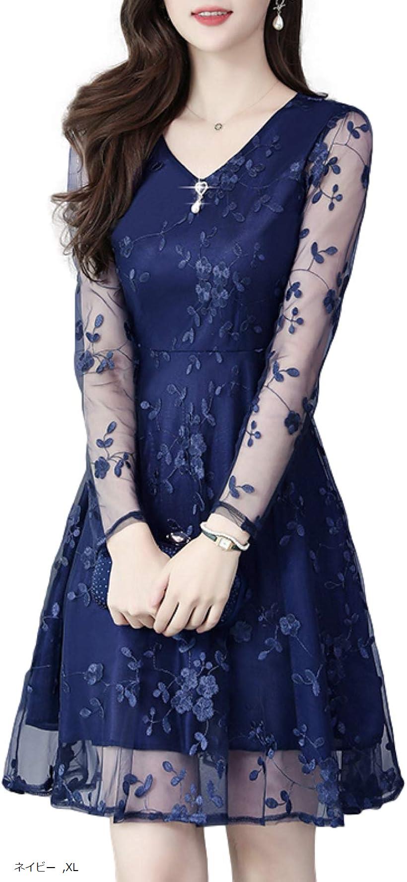 パーティー ドレス ワンピース vネック シースルー 花柄 膝上 エレガント アクセサリー付き(ネイビー, ..