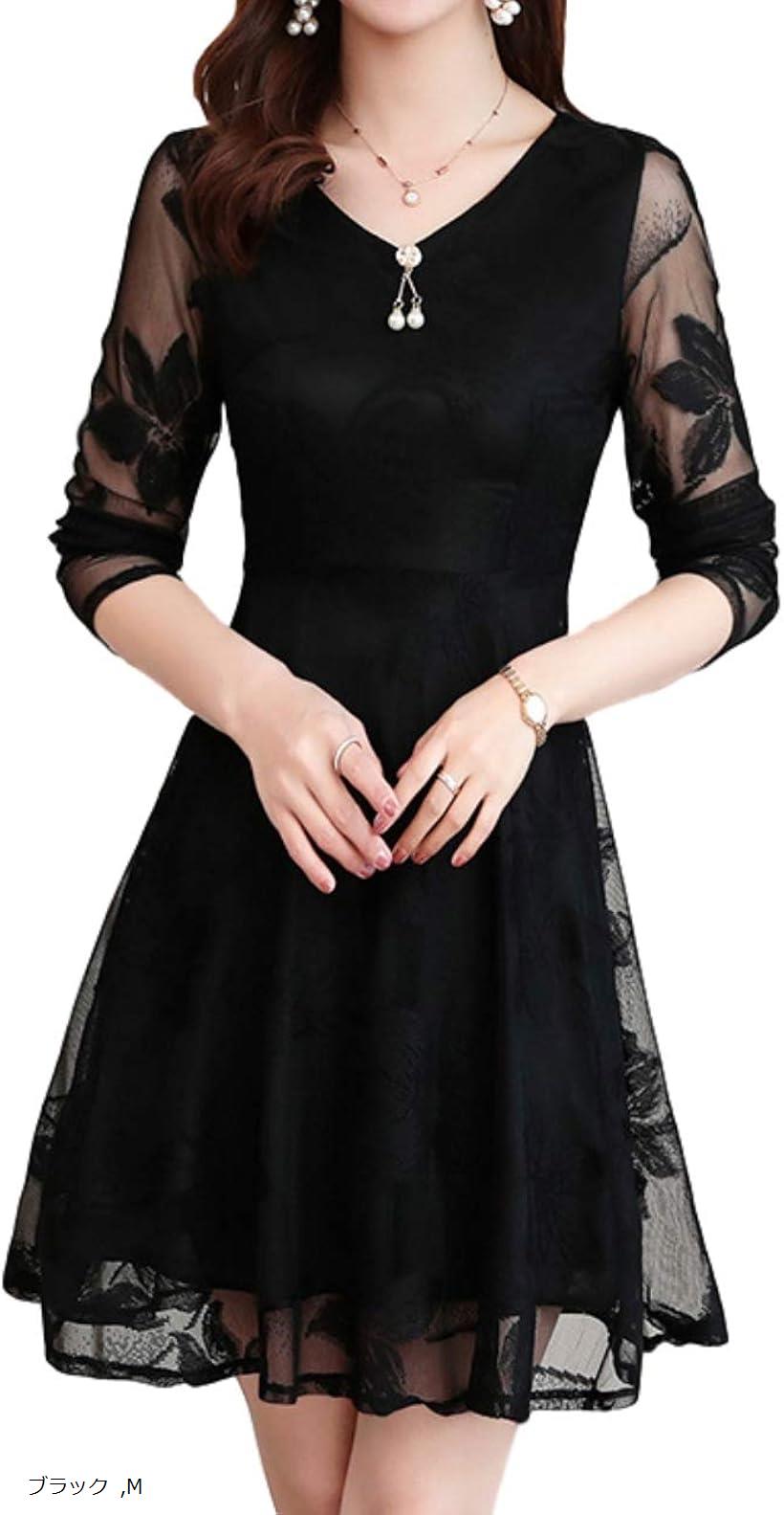 セレクト BN50_BLK_M パーティー ドレス ワンピース vネック シースルー 花柄 ミニ 膝上 レディース 長袖(06_ブラック(長袖), M)