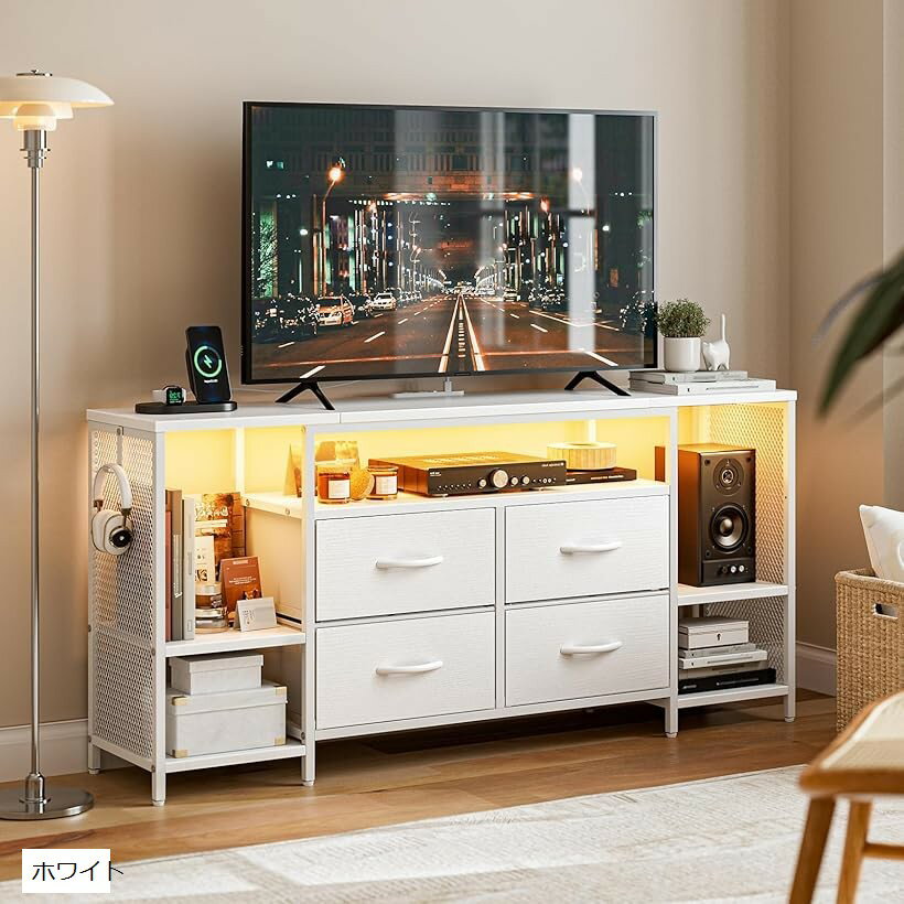 テレビ台 テレビボード 収納チェストロータイプ棚付き 引き出し付き ローボード テレビラックワイドチェスト大容量収納 tv台 可動棚 オープン収納 55型まで対応 省スペース 北欧 おしゃれ (ホワイト, 幅135x奥行30x高さ63cm)