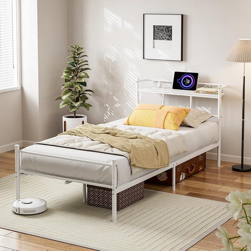 ベッドフレーム パイプベッド 2口コンセント&USB充電付き セミダブルベッド スチールベッド 収納付きベッド 宮棚付き すのこベッド 2段階 高さ調整 カビ防止 頑丈 安定性 耐久性 耐荷重350KG(ホワイト, シングル)