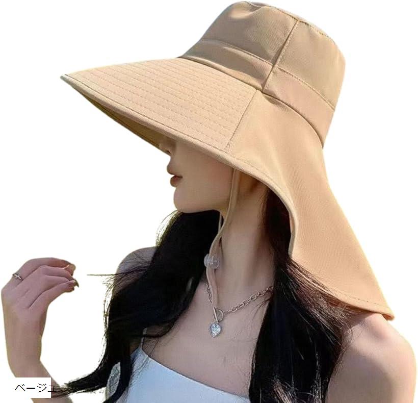 帽子 レディース 日焼け防止 UVカット99.9% 日除け・日よけ帽子 12cmつば広 通気性 折りたたみ バックリボン調整 ハット(ベージュ)(4)