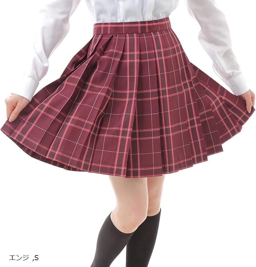 プリーツスカート チェック柄 ミニ スクールスカート 学生服(エンジ, S)