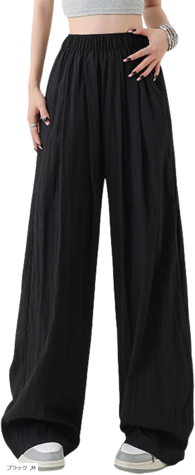 ワイドパンツ レディース ゆったり ハイウエスト 夏 カラーパンツ 大きいサイズ ショッキングピンク ルームウェア ポケット(ブラック, M)