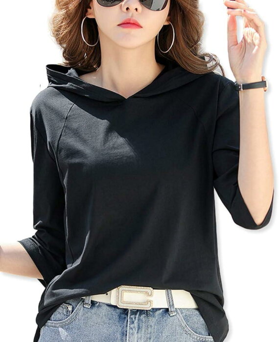 パーカー Tシャツ カットソー フード 付き 半袖 薄手 6分袖 フーディー レディース(ブラック, XL)