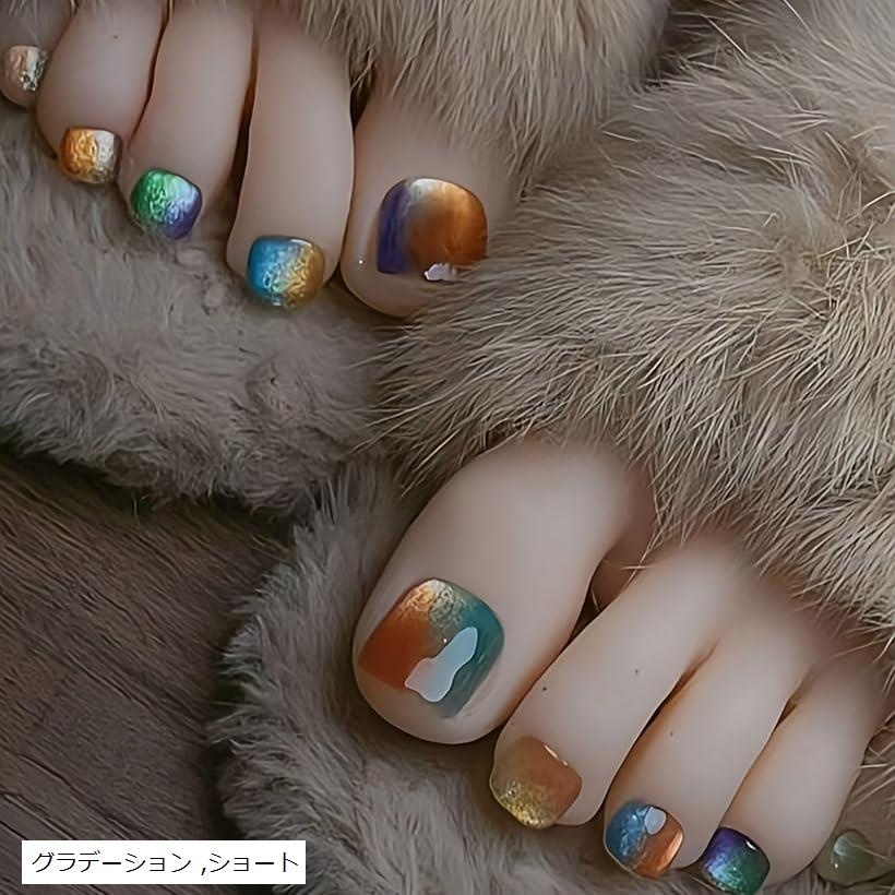 フットネイルチップ 足 足用 ペディキュア つけ爪 ギャル 韓国 (グラデーション, ショート)
