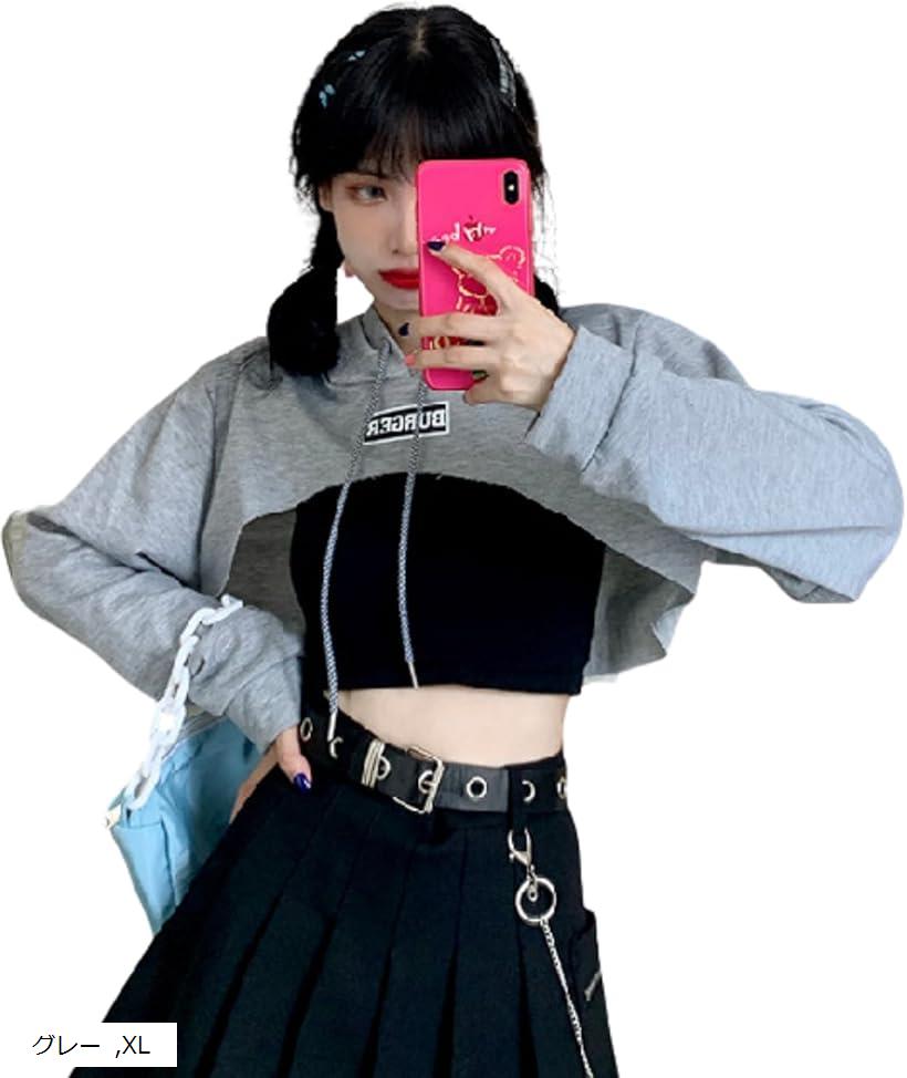 クロップド丈 トップス へそ出し 服 レディース 韓国 kpop crop パーカー タンクトップ ミニtシャツ インナー ダンス セクシー ショート丈(グレー, XL)