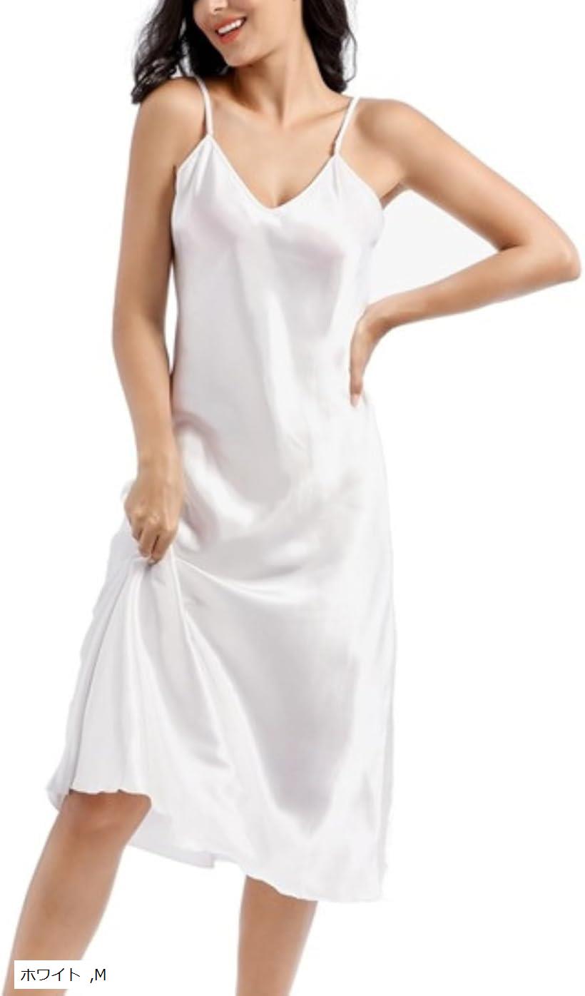 ブラスリップ レディース ペチコート ロング シルクタッチ アンダードレス インナーワンピース 部屋着 冷感 大きいサイズ 涼しい 厚手 サテン (ホワイト, M)