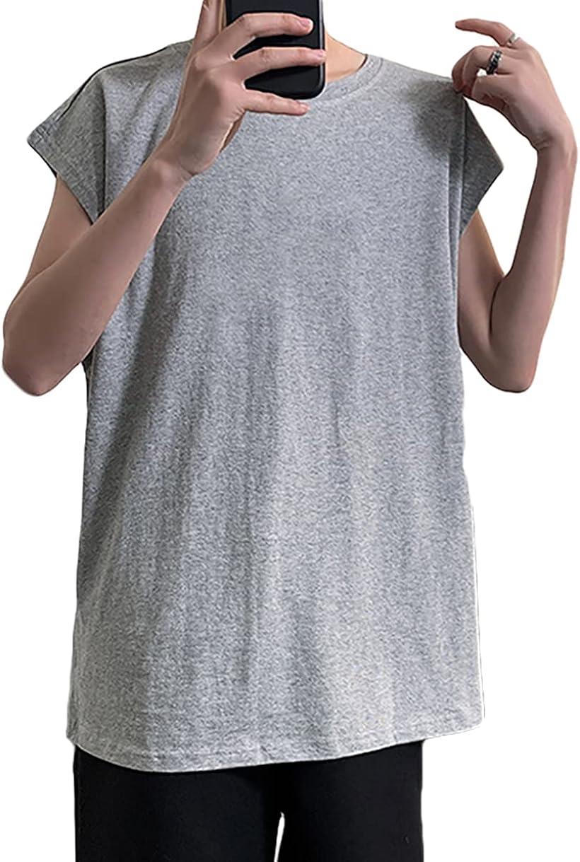 メリュエル 無地タンクトップ ノースリーブ Tシャツ 丸首 薄手カットソー シンプル トップス メンズ( ライトグレー, XL)
