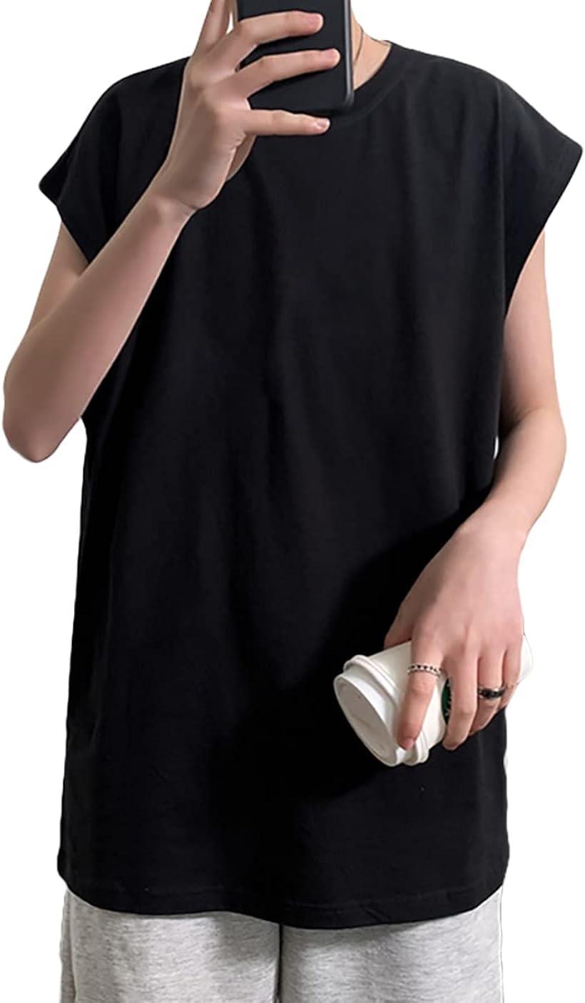 メリュエル 無地タンクトップ ノースリーブ Tシャツ 丸首 薄手カットソー シンプル トップス メンズ( ブラック, M)