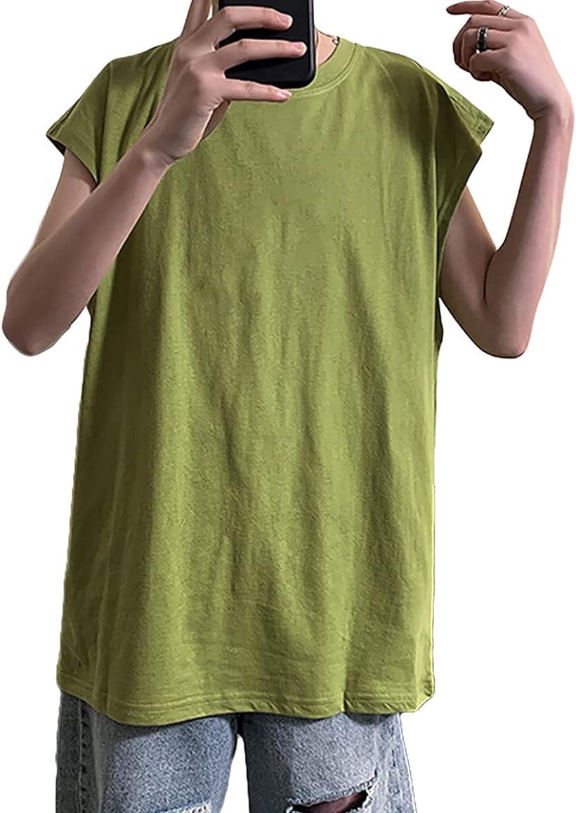 メリュエル 無地タンクトップ ノースリーブ Tシャツ 丸首 薄手カットソー シンプル トップス メンズ( ライム, XL)