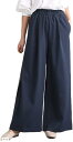 フィオリア ワイドパンツ ゆったり ロング丈 ガウチョパンツ 春 夏 ウエストゴム 無地 レディース ネイビー F (ネイビー, Free Size)