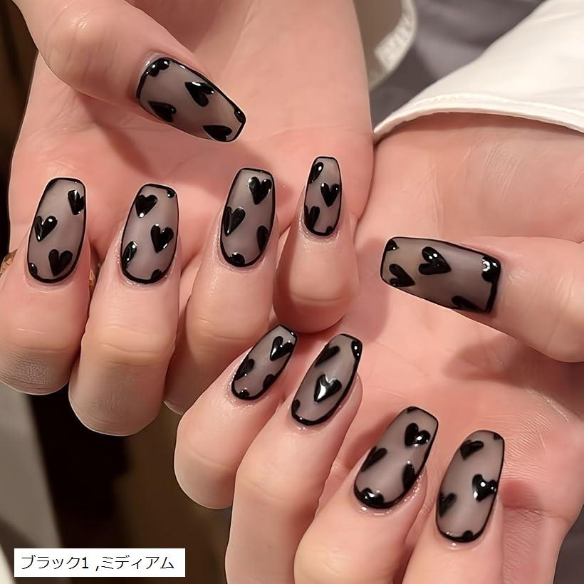 ネイルチップ ハート バレリーナ ミディアム 韓国 ギャル 可愛い フレンチ つけ爪 nail グッズ (ブラッ..