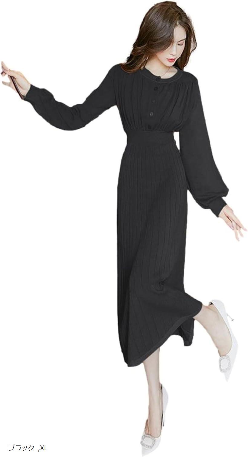 ジェイスコット フレアニットワンピース ロング丈 ぽわん袖 メリハリ ウエストマーク プリーツ風スカート (ブラック, XL)(4)