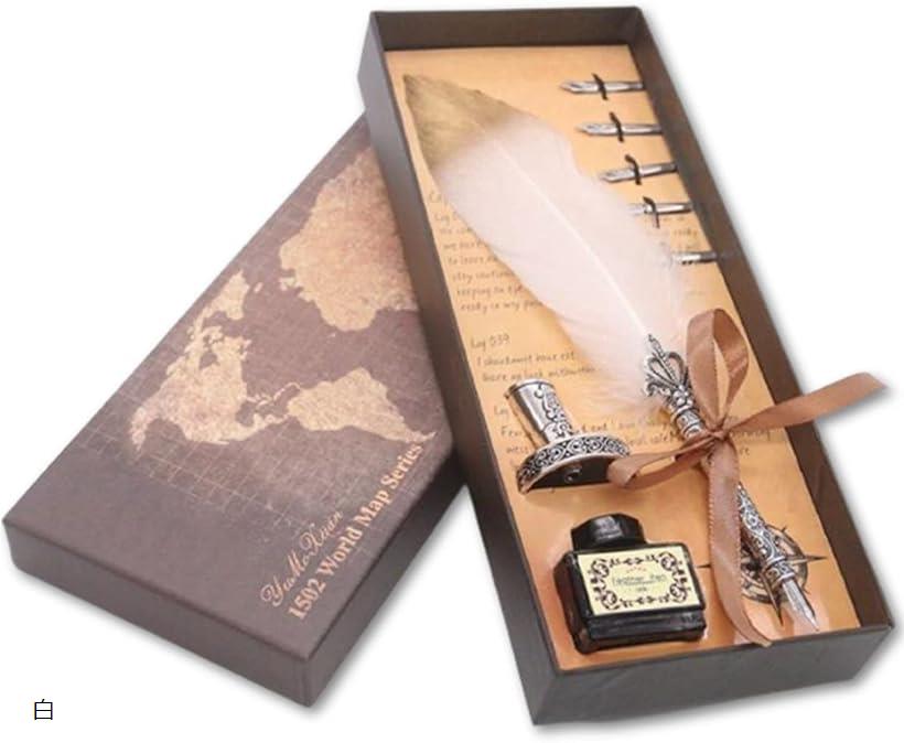 羽根 ペン 万年筆 スタンド インクボトル セット アンティーク フェザー ディップペン 白 (白)