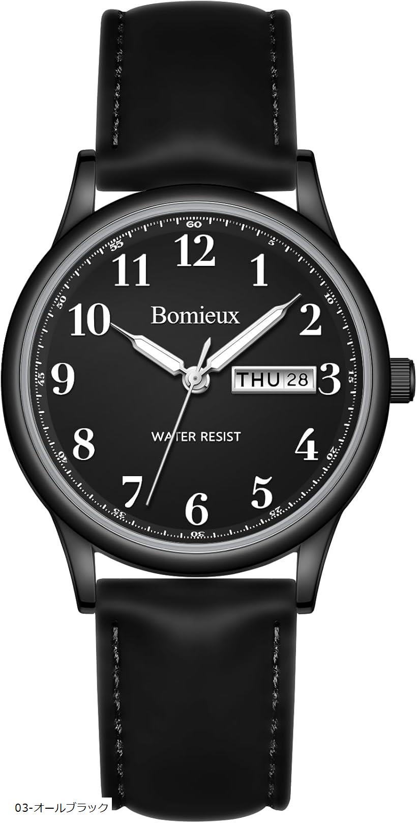 腕時計メンズ シンプル 日付/曜日表示 防水 アナログ 薄型 革ベルト 軽量 おしゃれ ユニセックス うで時計 クォーツ ファッション ウォッチ (03-オールブラック)