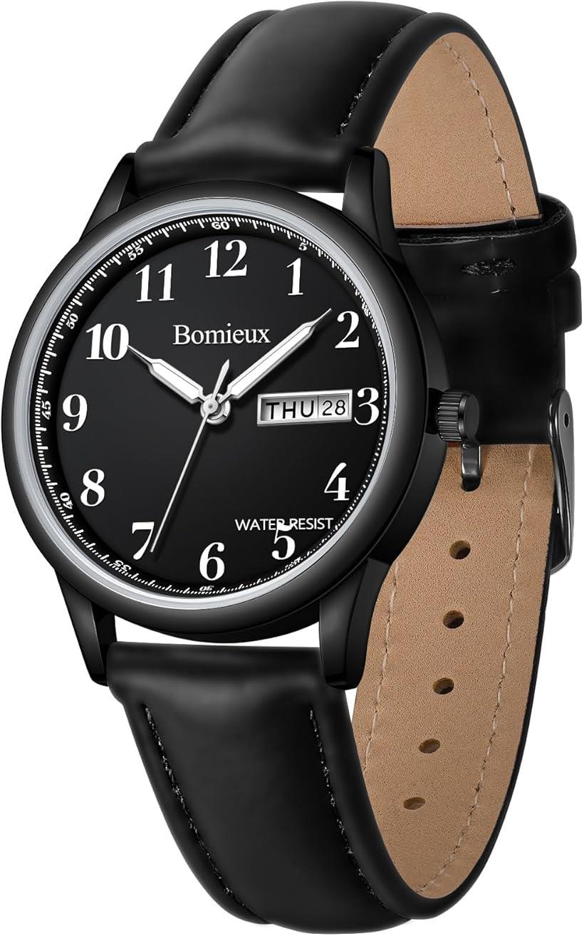 腕時計メンズ シンプル 日付/曜日表示 防水 アナログ 薄型 革ベルト 軽量 おしゃれ ユニセックス うで時計 クォーツ ファッション ウォッチ (03-オールブラック)