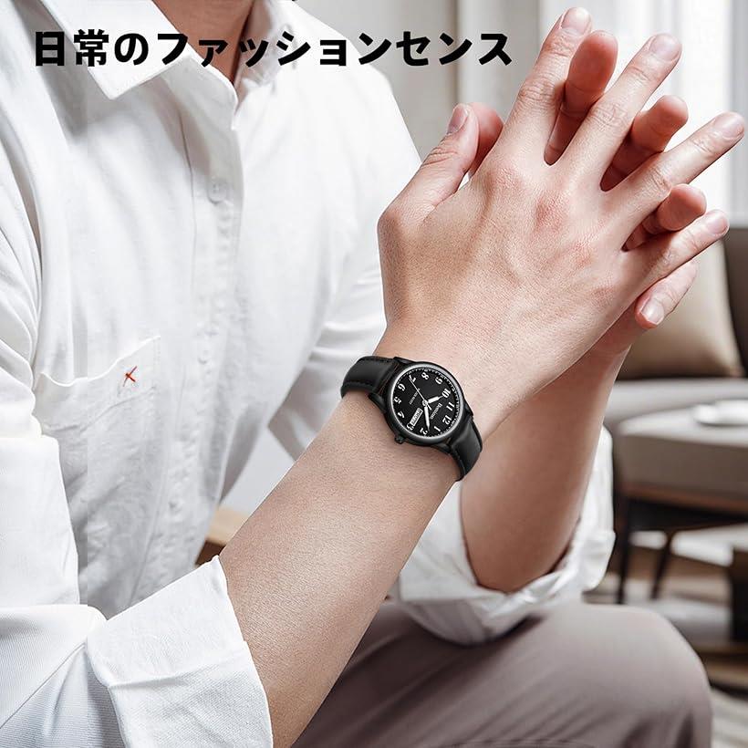 腕時計メンズ シンプル 日付/曜日表示 防水 アナログ 薄型 革ベルト 軽量 おしゃれ ユニセックス うで時計 クォーツ ファッション ウォッチ (03-オールブラック)