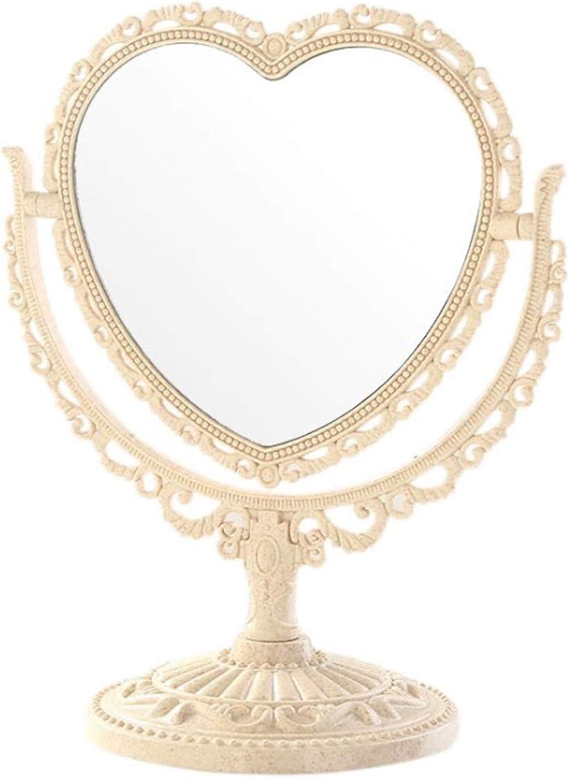 Queen-b 卓上 ミラー ハート 型 かわいい お洒落 メイク アップ コスメ 美容 化粧 鏡 スタンド 360度回転 (ベージュ)